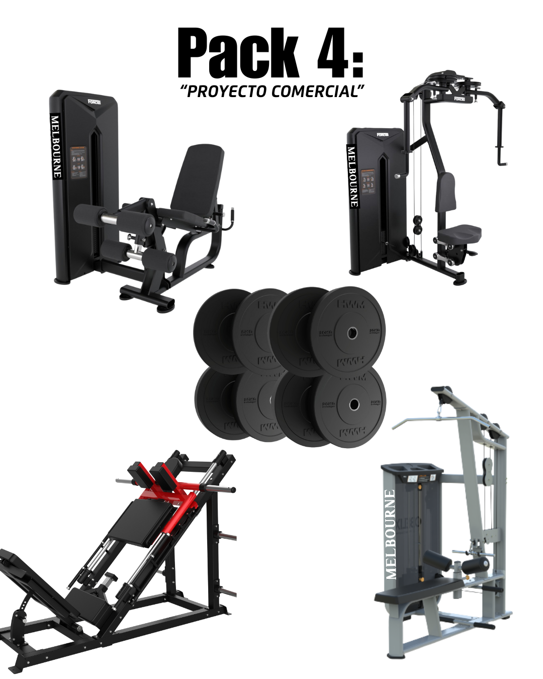 PACK 4: DUAL FEMORAL ACOSTADO / CUADRICEPS MELB2 APERTURAS PEC DECK MELB2 DUAL PRENSA / HACK MOD2 DUAL POLEA ALTA / REMO BAJO MELB PACK 100KG DISCOS OLIMPICOS BUMPER ECO